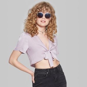 Short sleeve tie front satin skirt